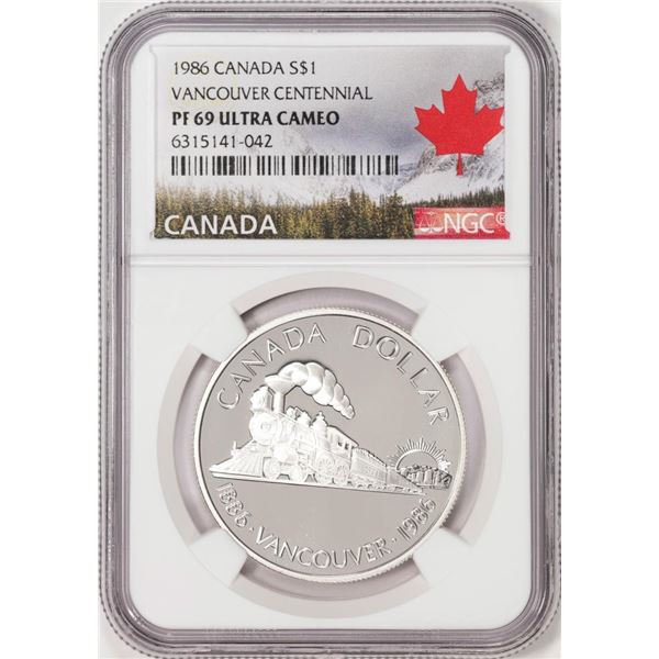 1986 Proof Canada $1 Vancouver Centennial Silver Dollar Coin NGC PF69 Ultra Cameo
