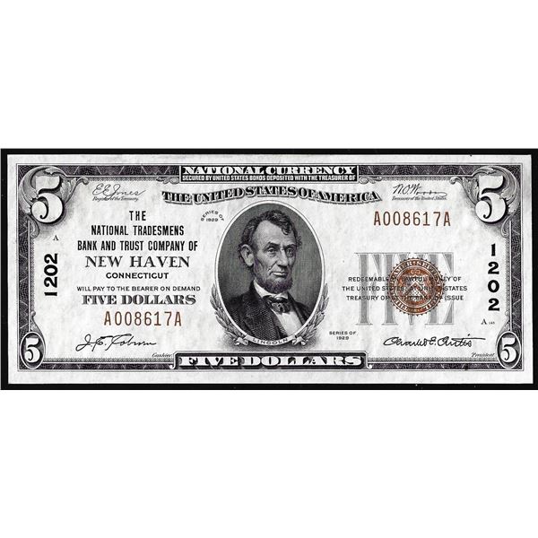 1929 $5 National Tradesman Bank of New Haven, CT CH# 1202 National Currency Note