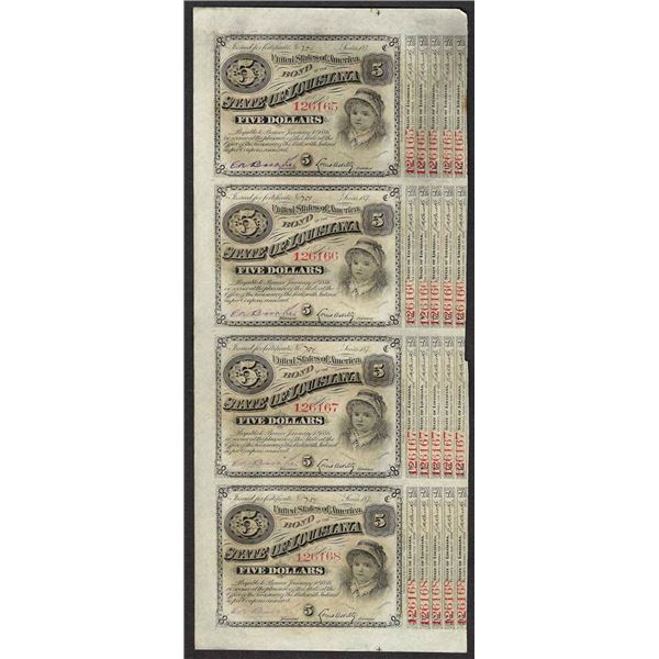 Uncut Sheet of (4) State of Louisiana Baby Bond Obsolete Notes