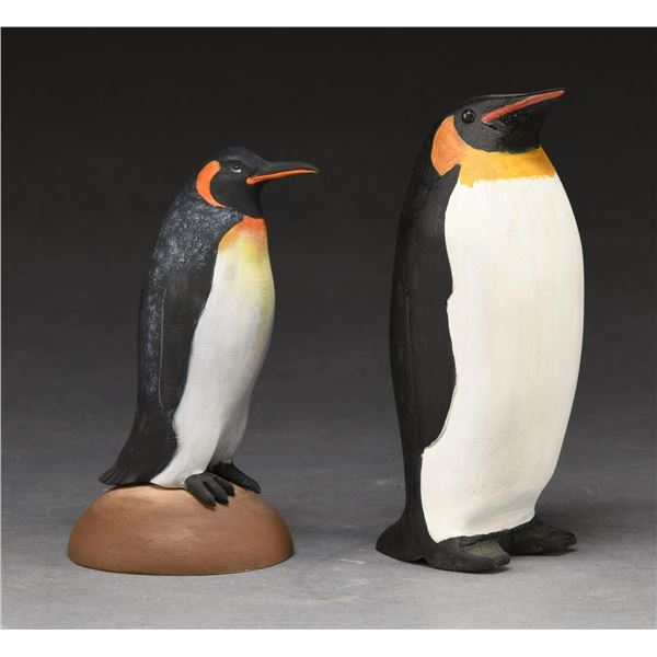 TWO FOLK ART CARVED PENGUINS.