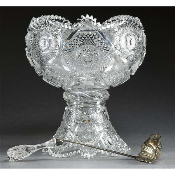 LARGE CUT GLASS PUNCH BOWL WITH LADLE.