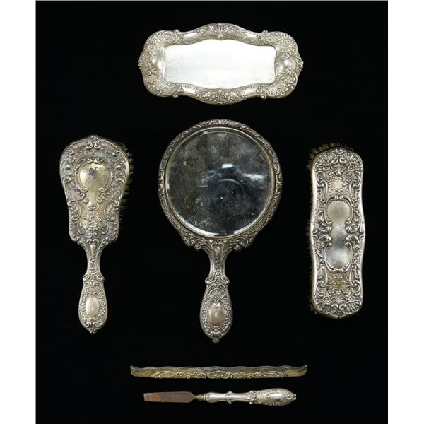 GORHAM 6 PIECE STERLING DRESSER SET.