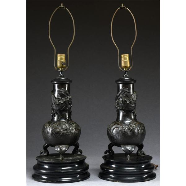 PAIR OF BRASS DRAGON TABLE LAMPS.