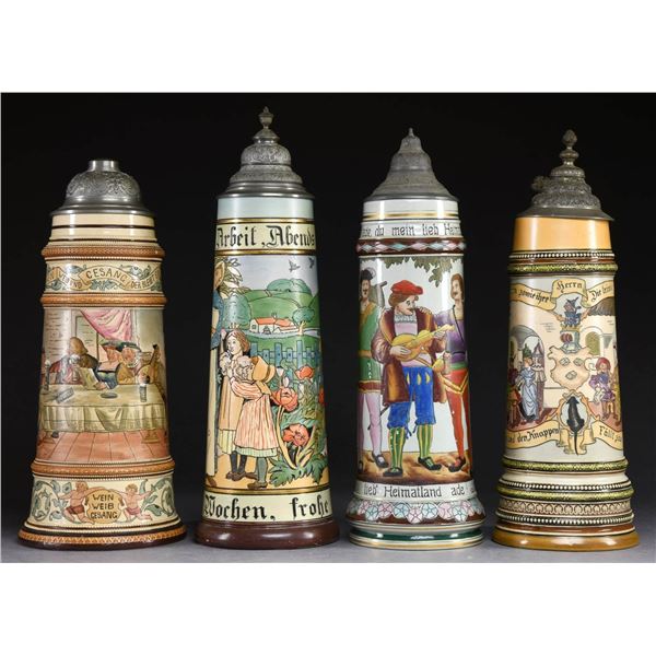 4 LARGE POTTERY STEINS.