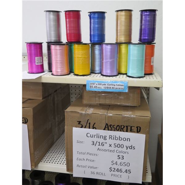 Qty 53 Rolls Curling Ribbon Misc Colors 3/16"x 500yards Retail $246