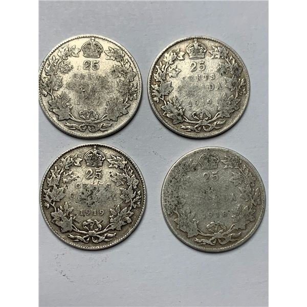 Canada rare Vintage King George V Silver quarters 1918, 1919, 1927 - LOT of 4