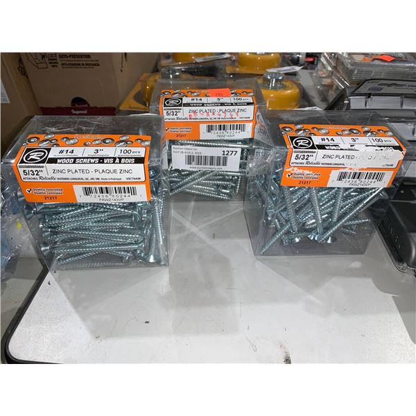 Zinc Plated Wood Screws 3" #14 diameter  5/32" 100pcs Lot of 3