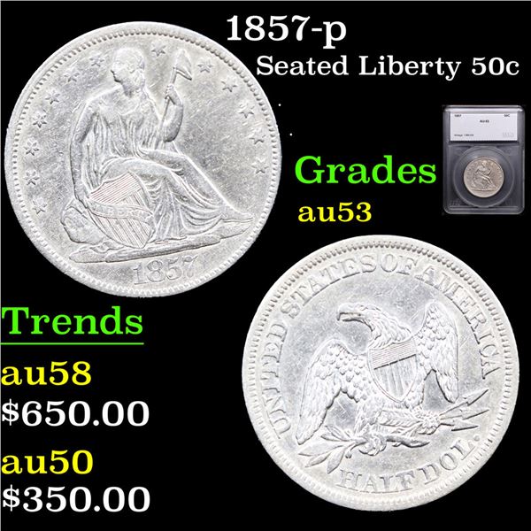 1857-p Seated Half Dollar 50c Graded au53 By SEGS
