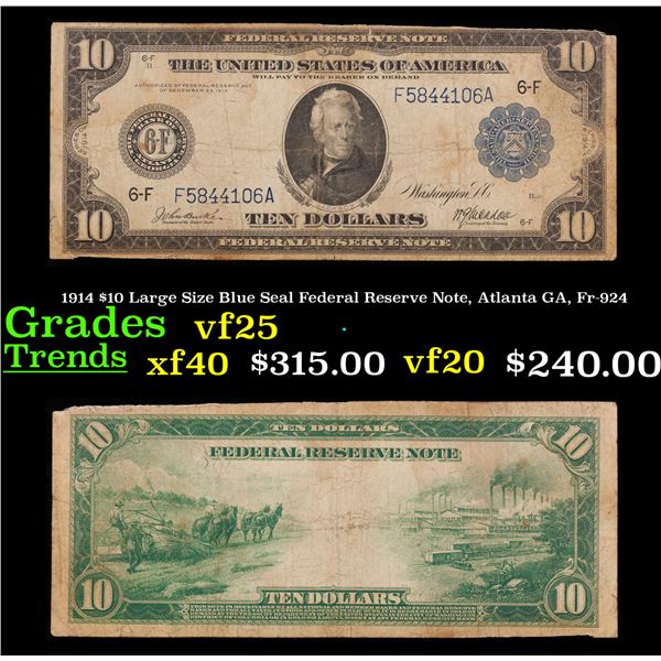 1914 $10 Large Size Blue Seal Federal Reserve Note, Atlanta GA, Fr-924 Grades vf+