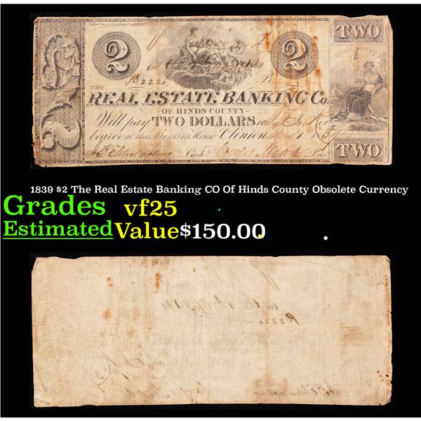 1839 $2 The Real Estate Banking CO Of Hinds County Obsolete Currency Grades vf+