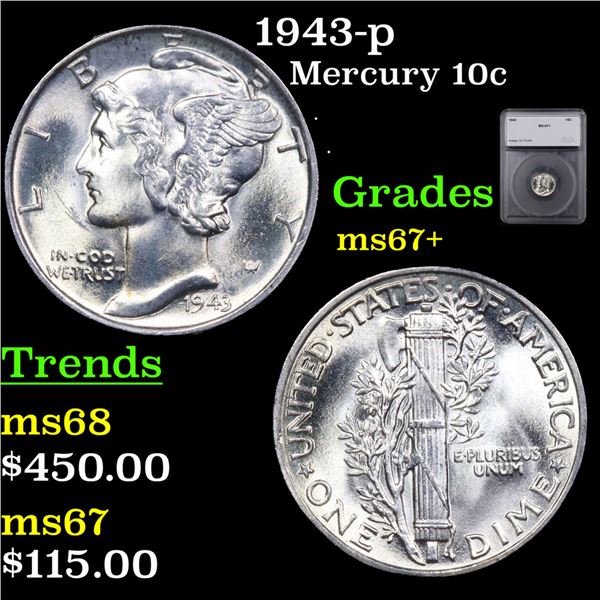 1943-p Mercury Dime 10c Graded ms67+ BY SEGS