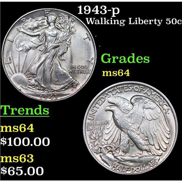 1943-p Walking Liberty Half Dollar 50c Grades Choice Unc