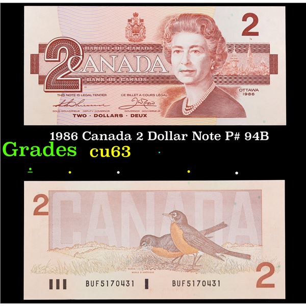 1986 Canada 2 Dollar Note P# 94B Grades Select CU