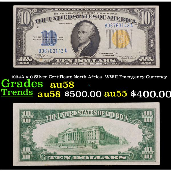 1934A $10 Silver Certificate North Africa  WWII Emergency Currency Grades Choice AU/BU Slider