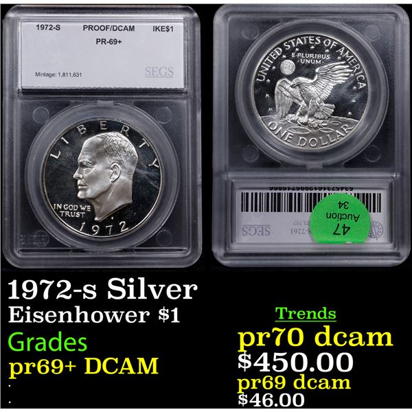 Proof 1972-s Silver Eisenhower Dollar $1 Graded pr69+ DCAM By SEGS