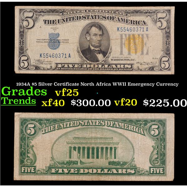 1934A $5 Silver Certificate North Africa WWII Emergency Currency Grades vf+