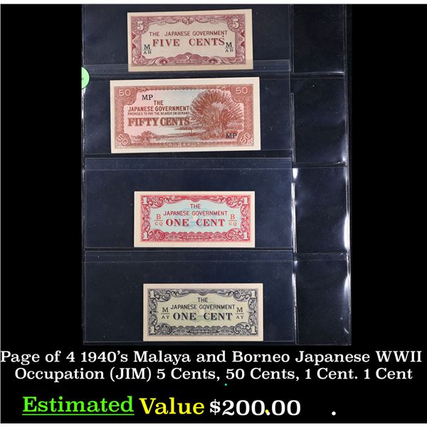 Page of 4 1940's Malaya and Borneo Japanese WWII Occupation (JIM) 5 Cents, 50 Cents, 1 Cent. 1 Cent