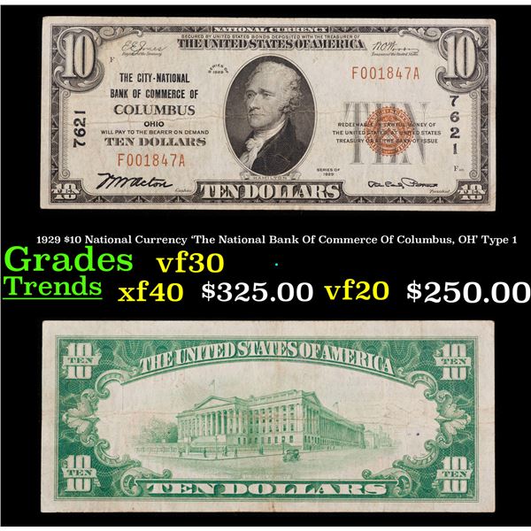1929 $10 National Currency 'The National Bank Of Commerce Of Columbus, OH' Type 1 Grades vf++