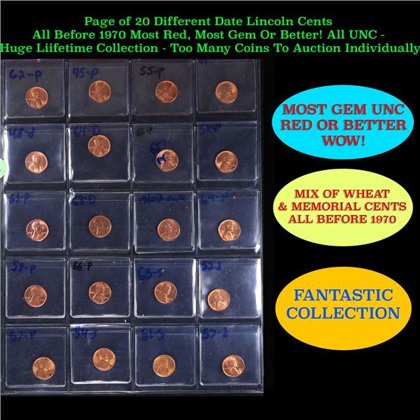 Page of 20 Different Date Lincoln Cents All Before 1970 Most Red, Most Gem Or Better! All UNC - Huge