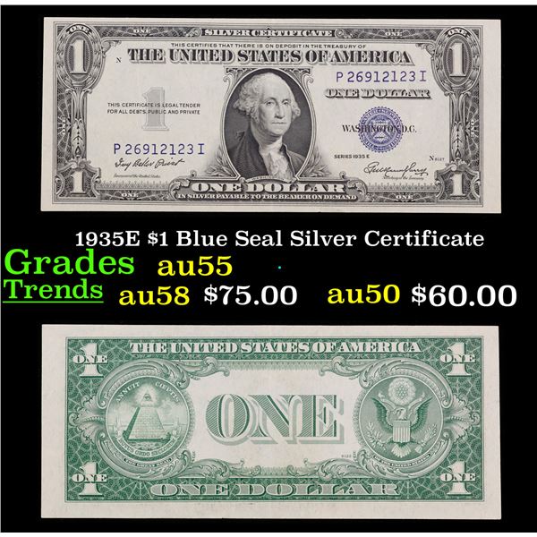 1935E $1 Blue Seal Silver Certificate Grades Choice AU