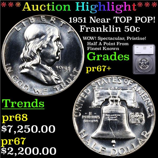 Proof ***Auction Highlight*** 1951 Franklin Half Dollar Near TOP POP! 50c Graded pr67+ By SEGS (fc)