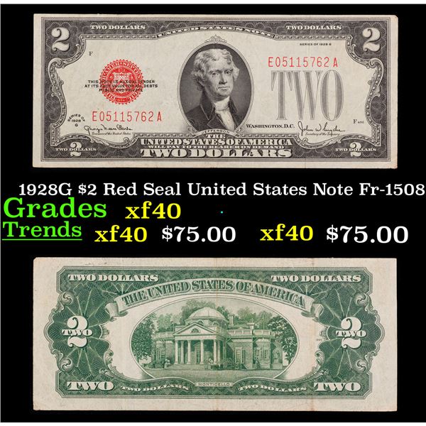 1928G $2 Red Seal United States Note Fr-1508 Grades xf