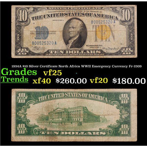 1934A $10 Silver Certificate North Africa WWII Emergency Currency Fr-2309 Grades vf+