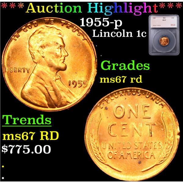 ***Auction Highlight*** 1955-p Lincoln Cent 1c Graded ms67 rd BY SEGS (fc)
