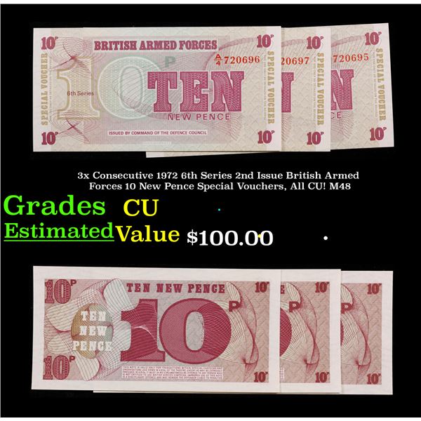 3x Consecutive 1972 6th Series 2nd Issue British Armed Forces 10 New Pence Special Vouchers, All CU!