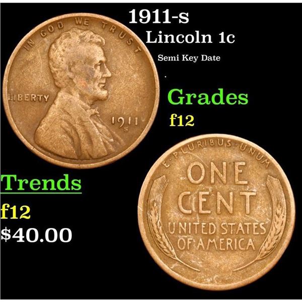 1911-s Lincoln Cent 1c Grades f, fine