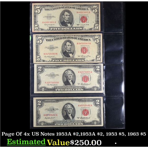 Page Of 4x US Notes 1953A $2, 1953A $2, 1953 $5, 1963 $5
