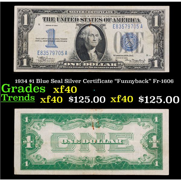 1934 $1 Blue Seal Silver Certificate "Funnyback" Fr-1606 Grades xf