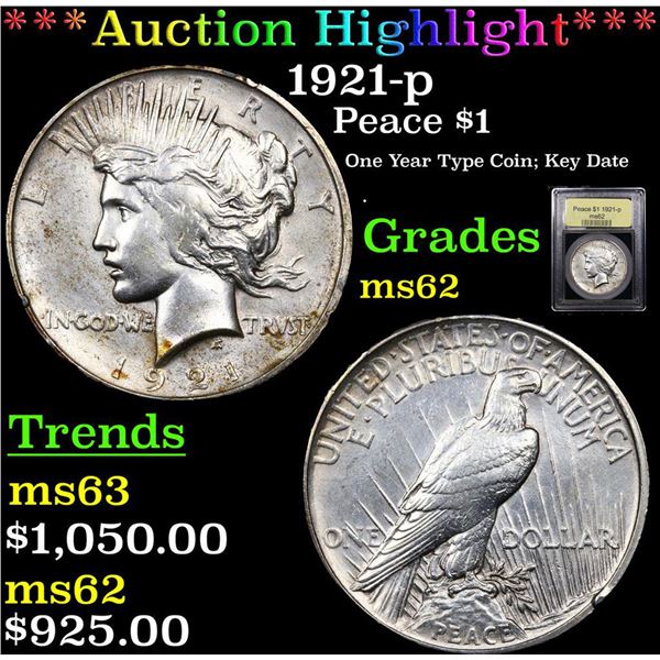 ***Auction Highlight*** 1921-p Peace Dollar $1 Graded Select Unc By USCG (fc)