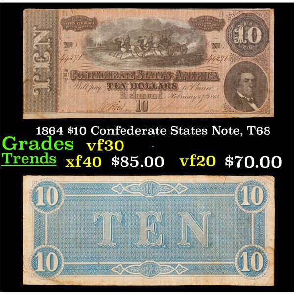 1864 $10 Confederate States Note, T68 Grades vf++