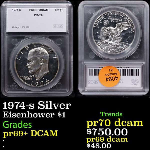 Proof 1974-s Silver Eisenhower Dollar $1 Graded pr69+ DCAM By SEGS