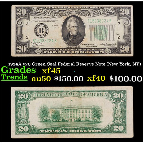 1934A $20 Green Seal Federal Reserve Note (New York, NY) Grades xf+