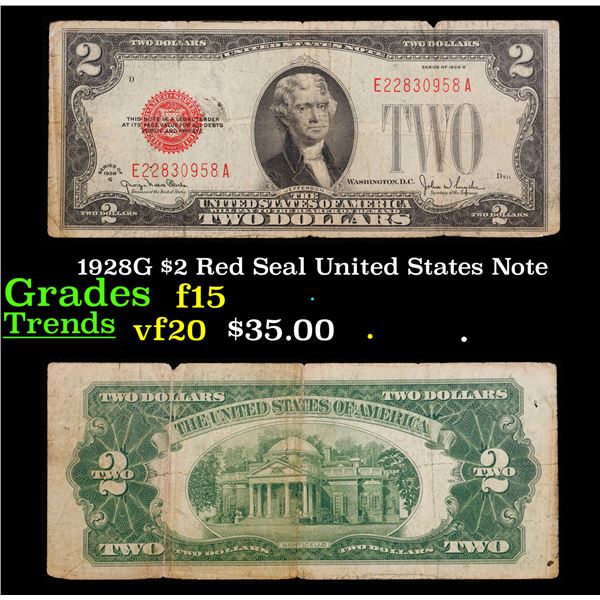 1928G $2 Red Seal United States Note Grades f+