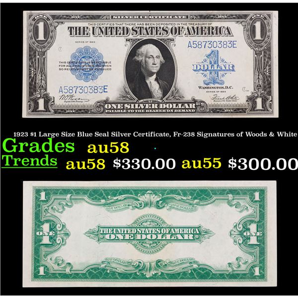 1923 $1 Large Size Blue Seal Silver Certificate, Fr-238 Signatures of Woods & White Grades Choice AU