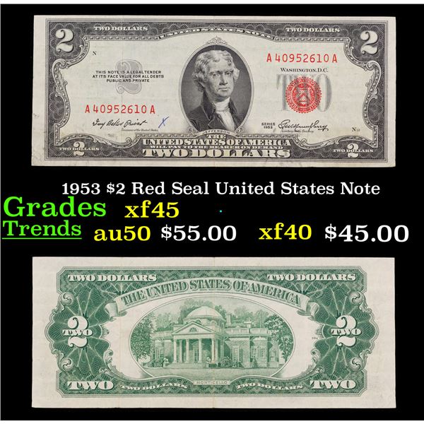 1953 $2 Red Seal United States Note Grades xf+