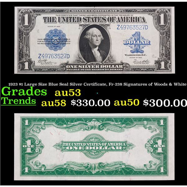 1923 $1 Large Size Blue Seal Silver Certificate, Fr-238 Signatures of Woods & White Grades Select AU
