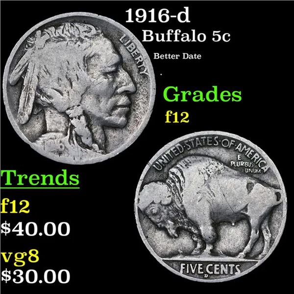 1916-d Buffalo Nickel 5c Grades f, fine