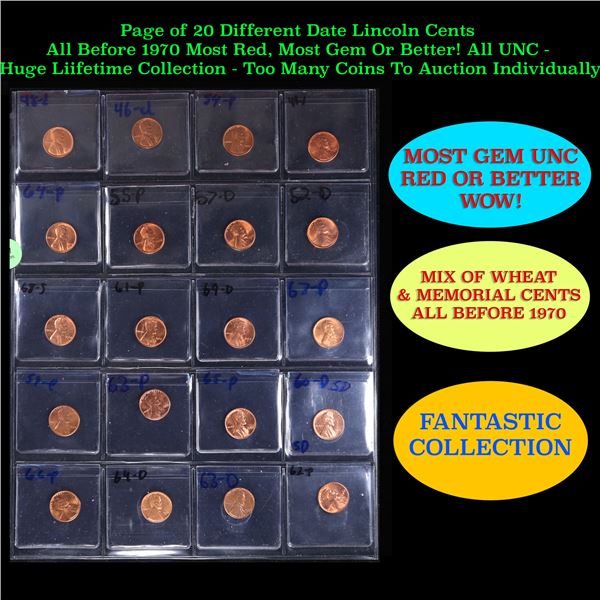 Page of 20 Different Date Lincoln Cents All Before 1970 Most Red, Most Gem Or Better! All UNC - Huge