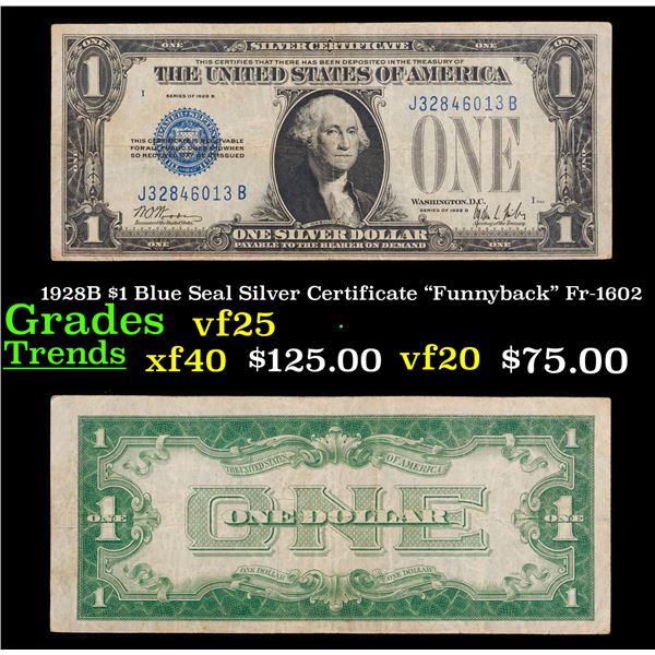 1928B $1 Blue Seal Silver Certificate "Funnyback" Fr-1602 Grades vf+