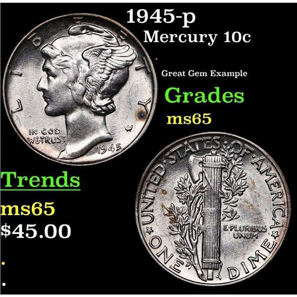 1945-p Mercury Dime 10c Grades GEM Unc