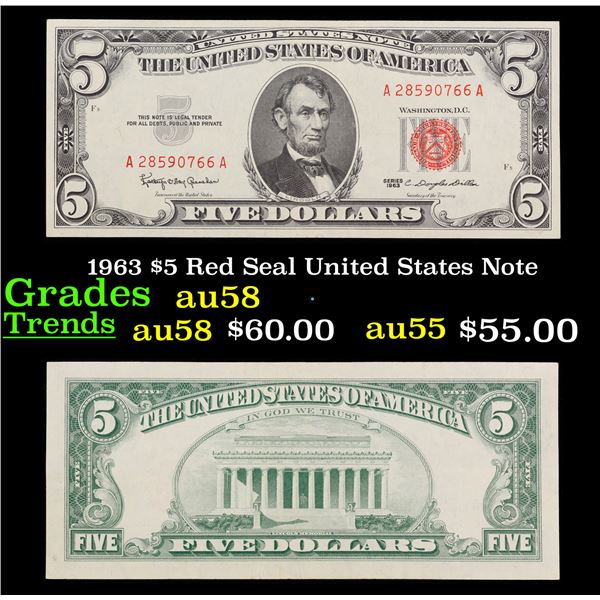 1963 $5 Red Seal United States Note Grades Choice AU/BU Slider