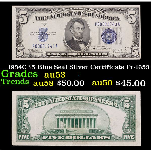 1934C $5 Blue Seal Silver Certificate Fr-1653 Grades Select AU