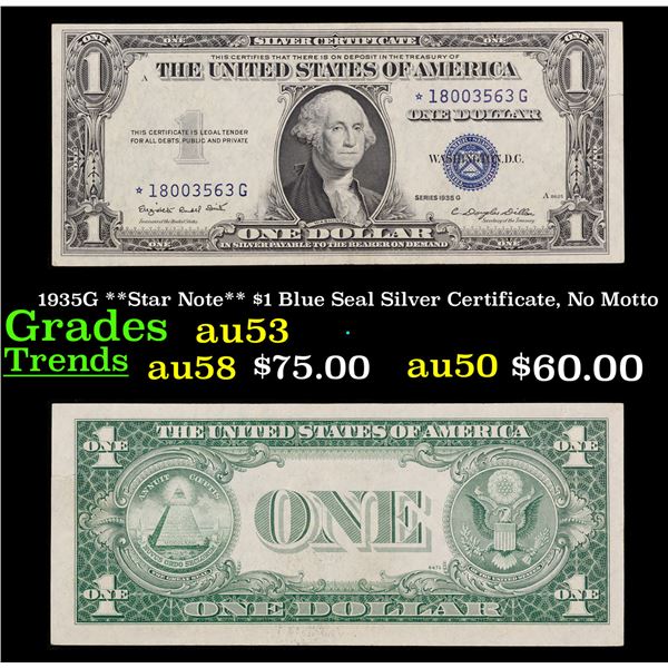 1935G **Star Note** $1 Blue Seal Silver Certificate, No Motto Grades Select AU