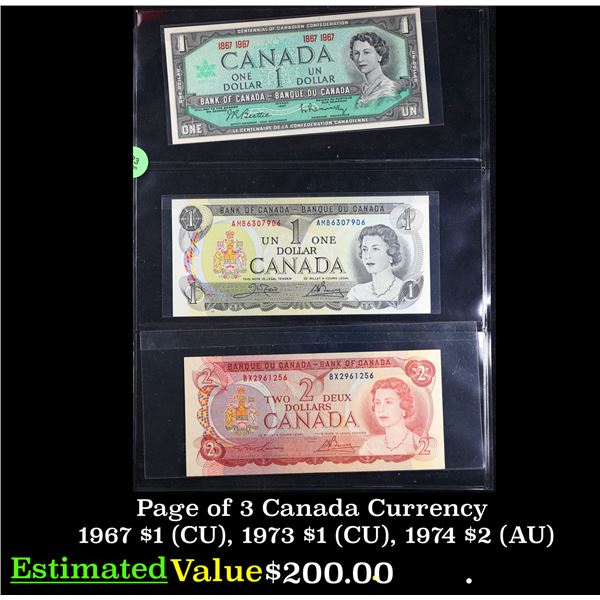 Page of 3 Canada Currency 1967 $1 (CU), 1973 $1 (CU), 1974 $2 (AU)