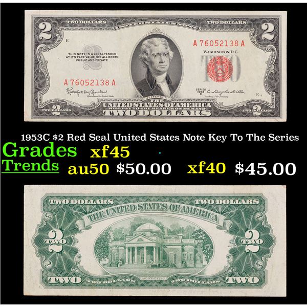 1953C $2 Red Seal United States Note Key To The Series Grades xf+