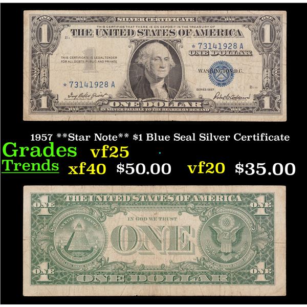 1957 **Star Note** $1 Blue Seal Silver Certificate  Grades vf+